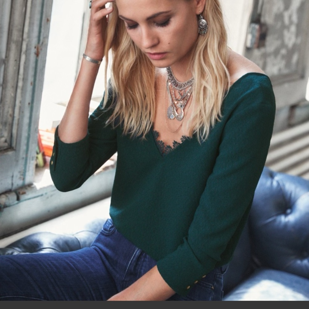 Sezane V Neckline Blouse in Green NWT